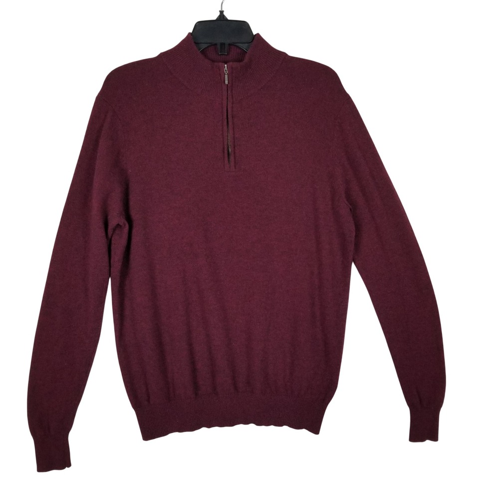 WoolOvers Quarter Zip Sweater Mens Medium Burgundy Merino Wool Cashmere Blend